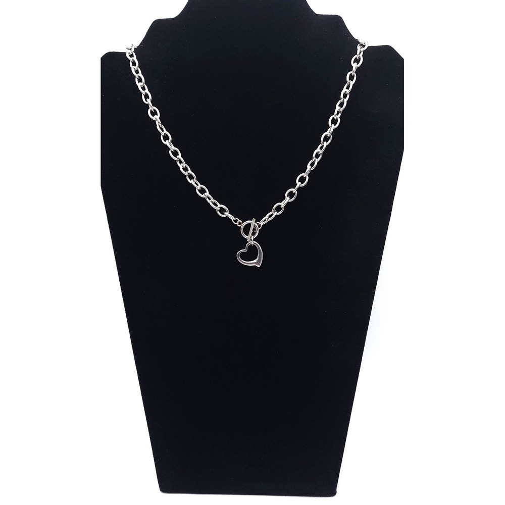 Silver Tone Open Heart Toggle‎ Necklace Cable Chain 18in